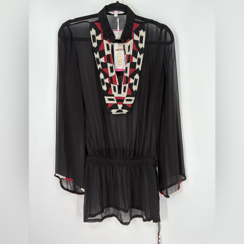 Monique Leshman Black Beaded Tunic Blouse Top Size M